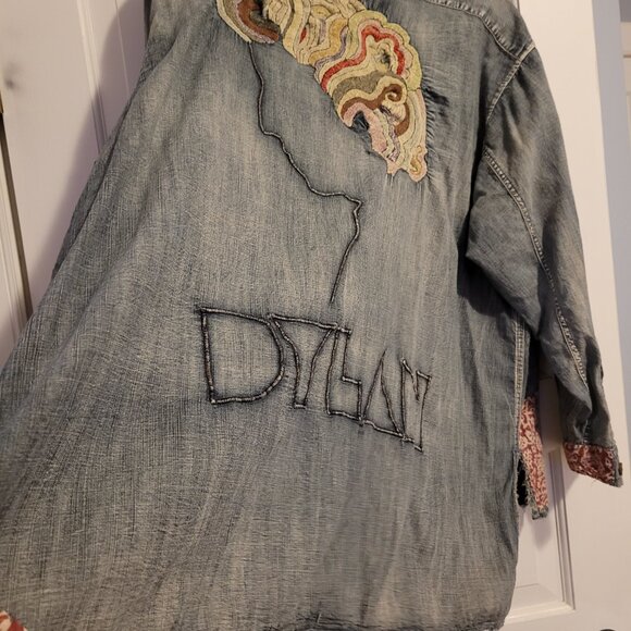 Magnolia Pearl Rare Bob Dylan Embroidered Distressed Button Down Denim Shirt - Picture 3 of 6